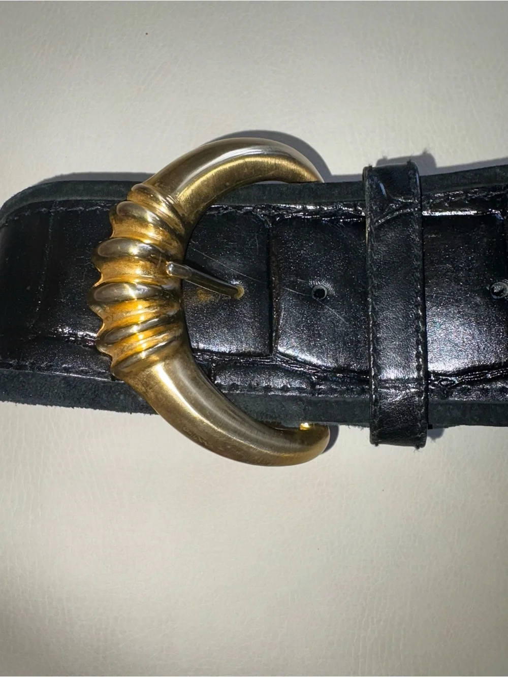 Express Black Leather Belt with Curved Gold Buckle